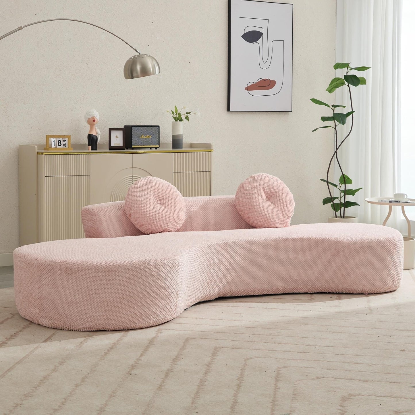 Pink Modern Minimalist 105.5 Curved Corduroy Cloud Sofa with 2 Pillows, No Assembly Required