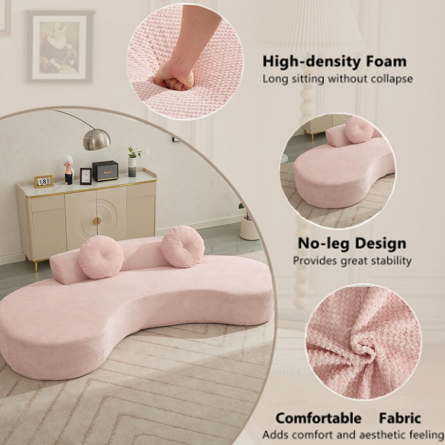 Pink Modern Minimalist 105.5 Curved Corduroy Cloud Sofa with 2 Pillows, No Assembly Required