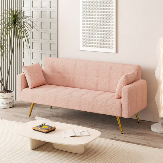 Pink Multifunctional Folding Sofa Bed with Metal Legs and Pillow