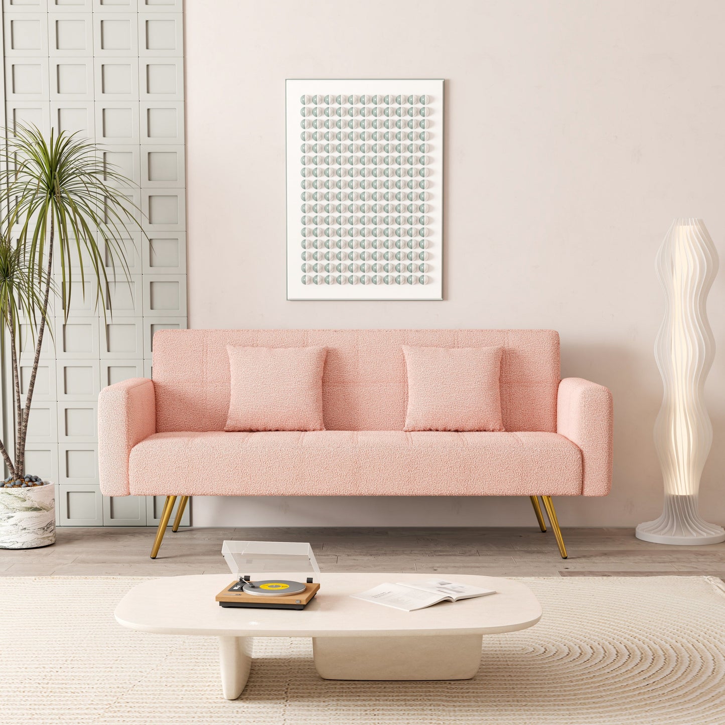 Pink Multifunctional Folding Sofa Bed with Metal Legs and Pillow