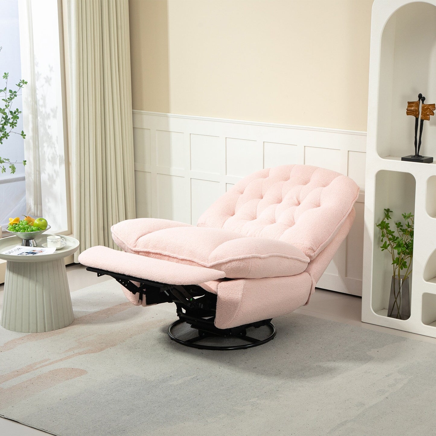 Pink Oversized Chenille Upholstered 360Â° Swivel Glider Rocking Manual Recliner with Extended Footrest and Tufted Back