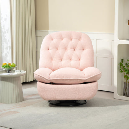 Pink Oversized Chenille Upholstered 360Â° Swivel Glider Rocking Manual Recliner with Extended Footrest and Tufted Back