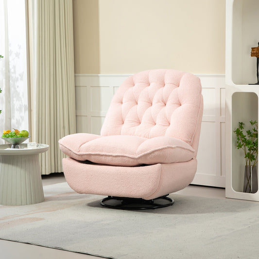 Pink Oversized Chenille Upholstered 360Â° Swivel Glider Rocking Manual Recliner with Extended Footrest and Tufted Back