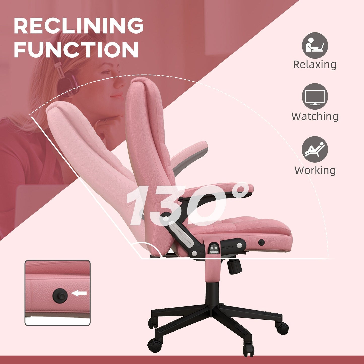 Pink PU Leather 360Â° Swivel High Back Office Recliner with Vibration Massage, Lumbar Heating, and Adjustable Height