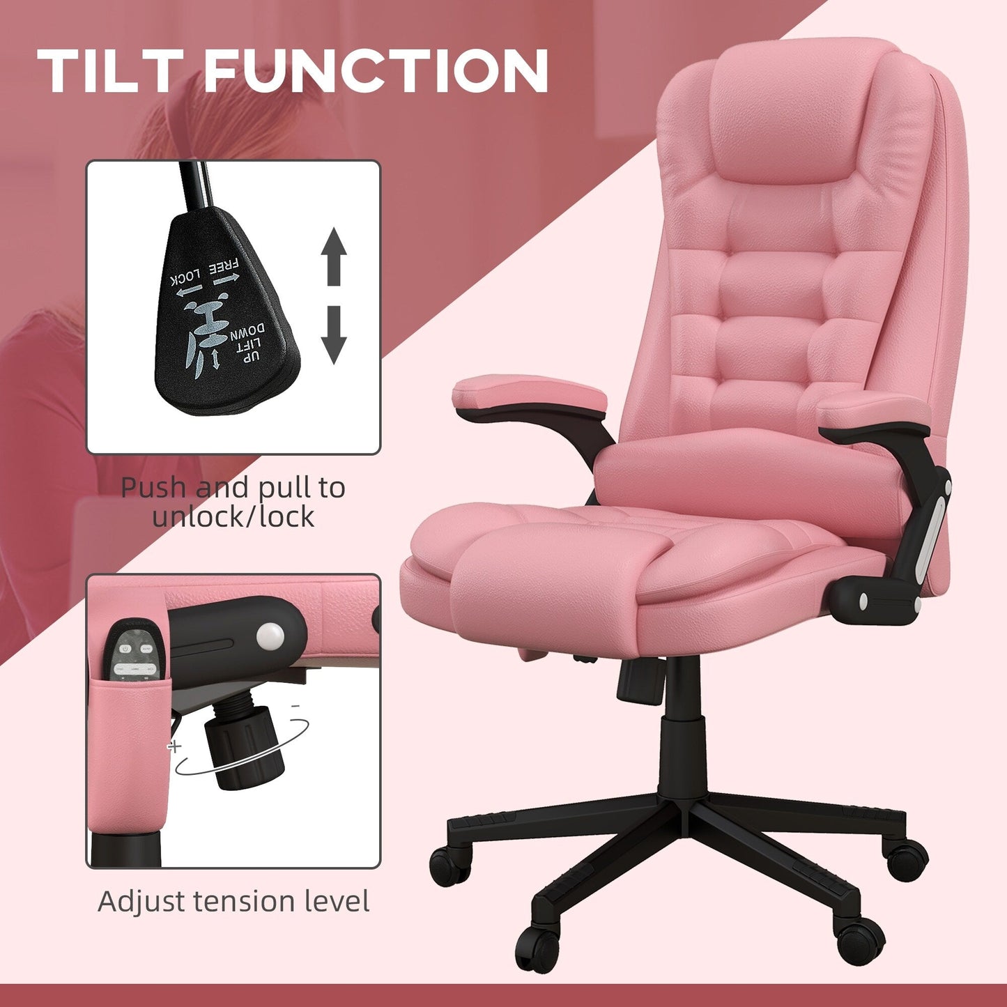 Pink PU Leather 360Â° Swivel High Back Office Recliner with Vibration Massage, Lumbar Heating, and Adjustable Height