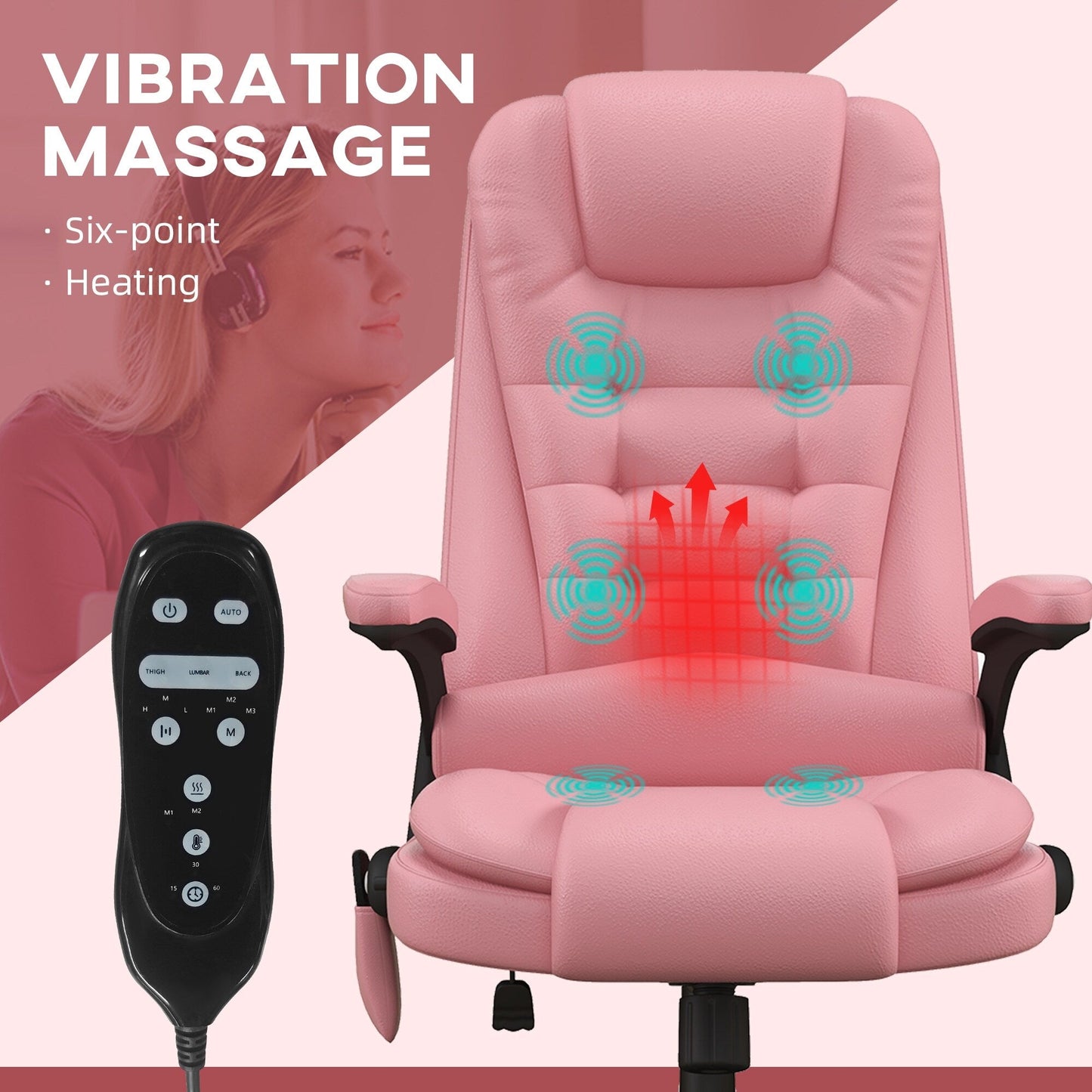 Pink PU Leather 360Â° Swivel High Back Office Recliner with Vibration Massage, Lumbar Heating, and Adjustable Height