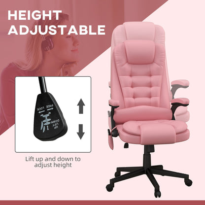 Pink PU Leather 360Â° Swivel High Back Office Recliner with Vibration Massage, Lumbar Heating, and Adjustable Height