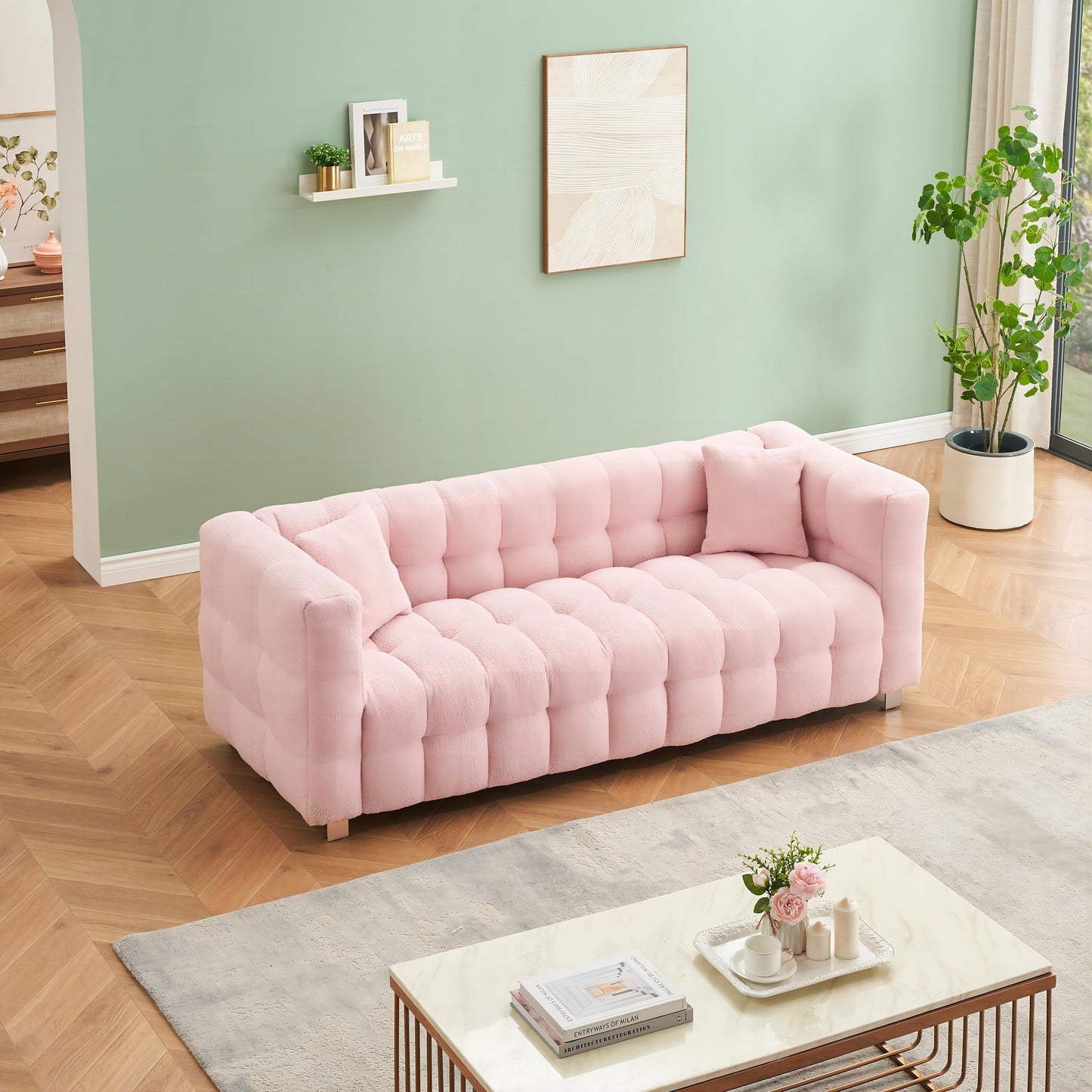Pink Teddy 3-seater Sofa with Two Throw Pillows