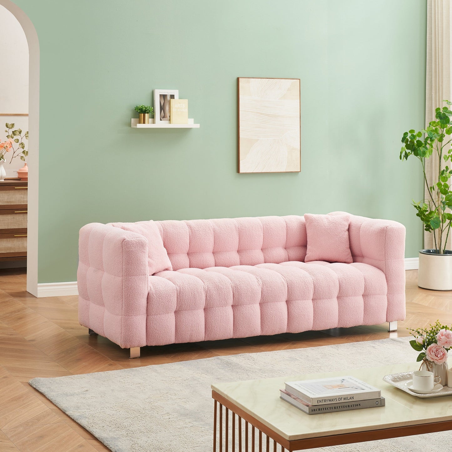Pink Teddy 3-seater Sofa with Two Throw Pillows
