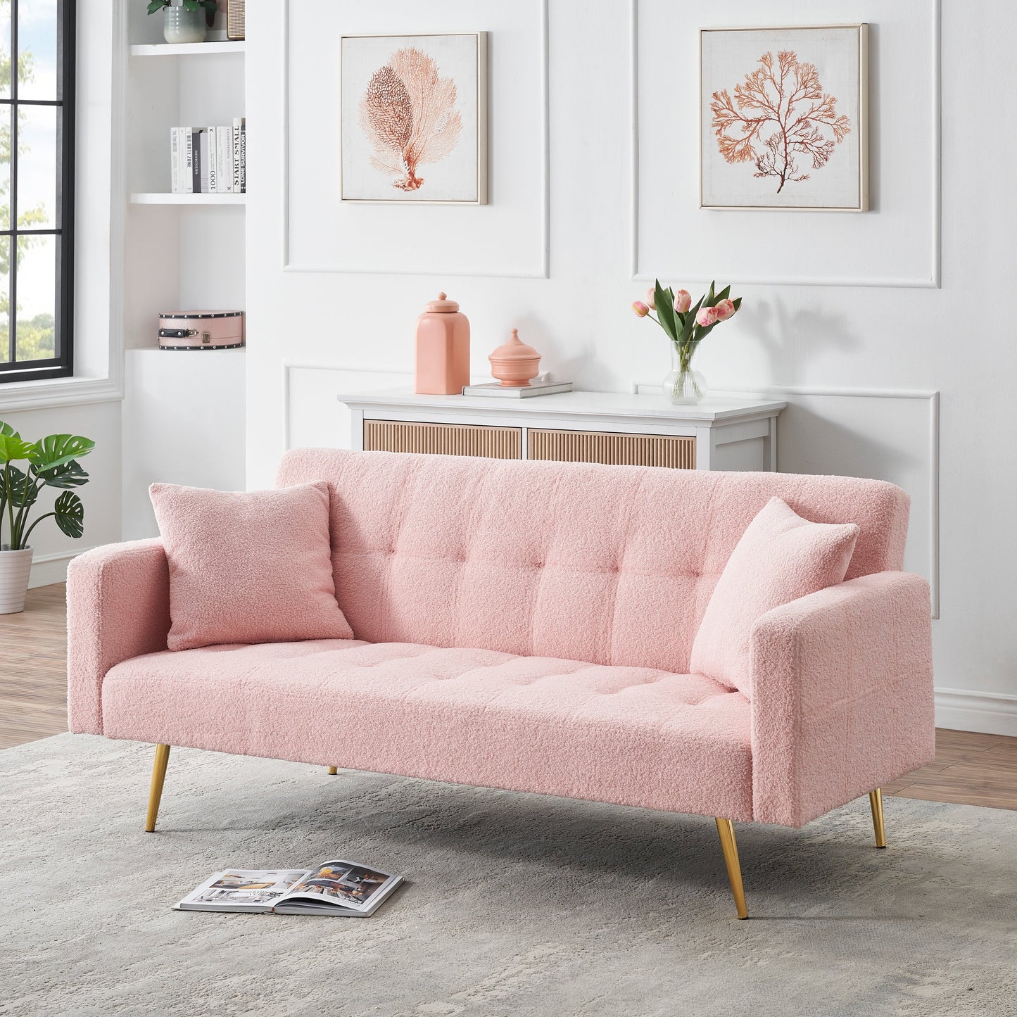 Pink Teddy Fleece Convertible Loveseat Sofa Bed