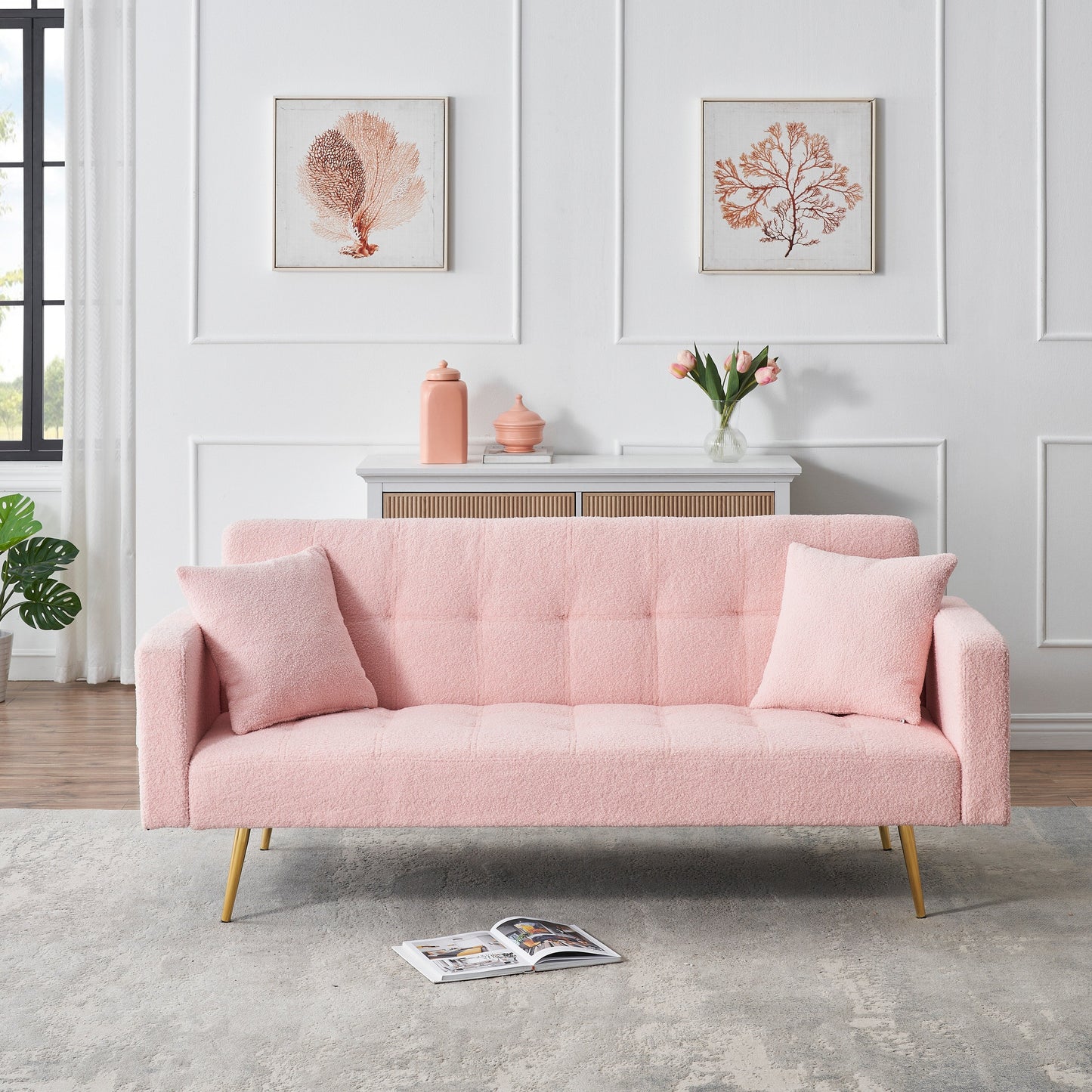 Pink Teddy Fleece Convertible Loveseat Sofa Bed