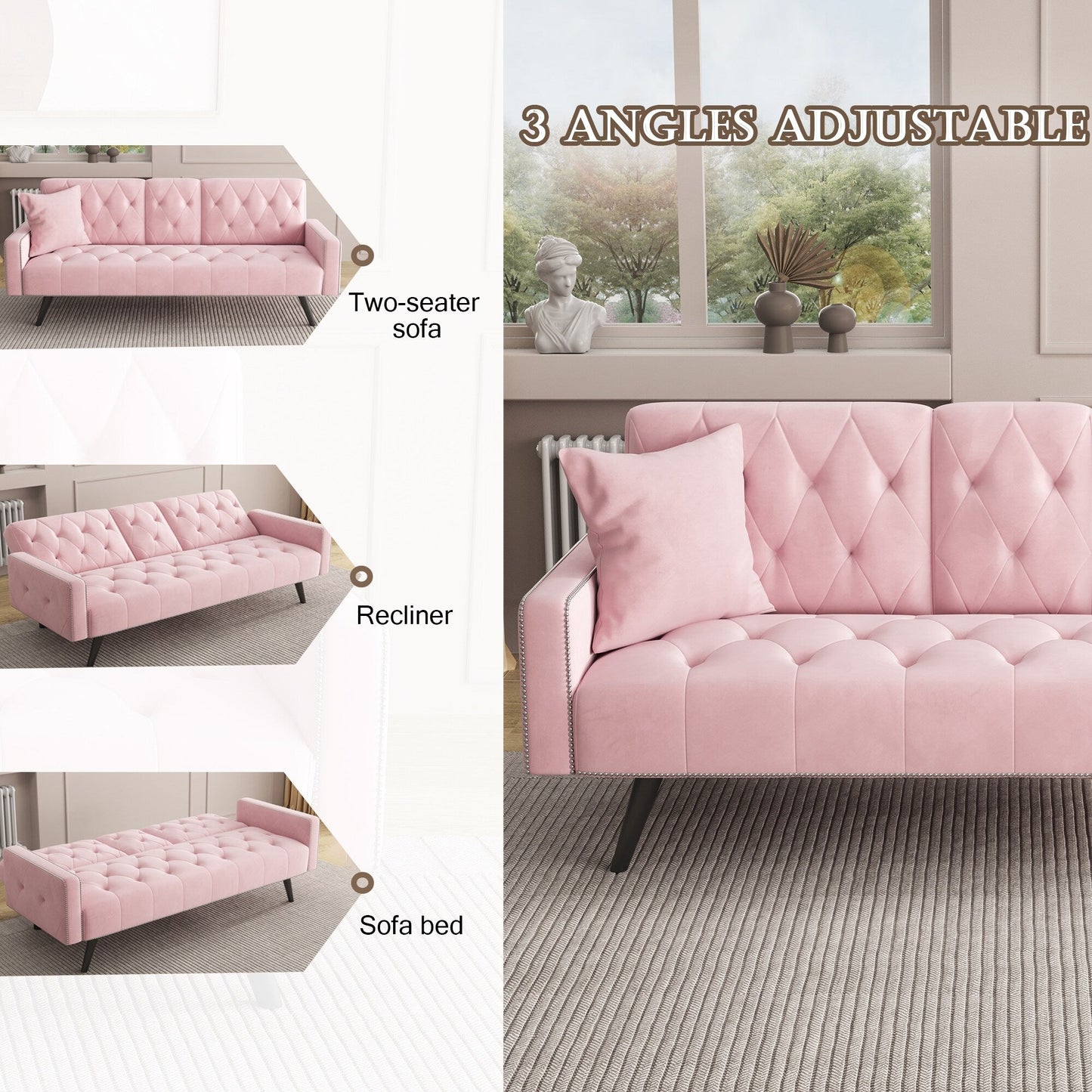 Pink Velvet 3-seater Sofa Bed with Nailhead and Cup Holders