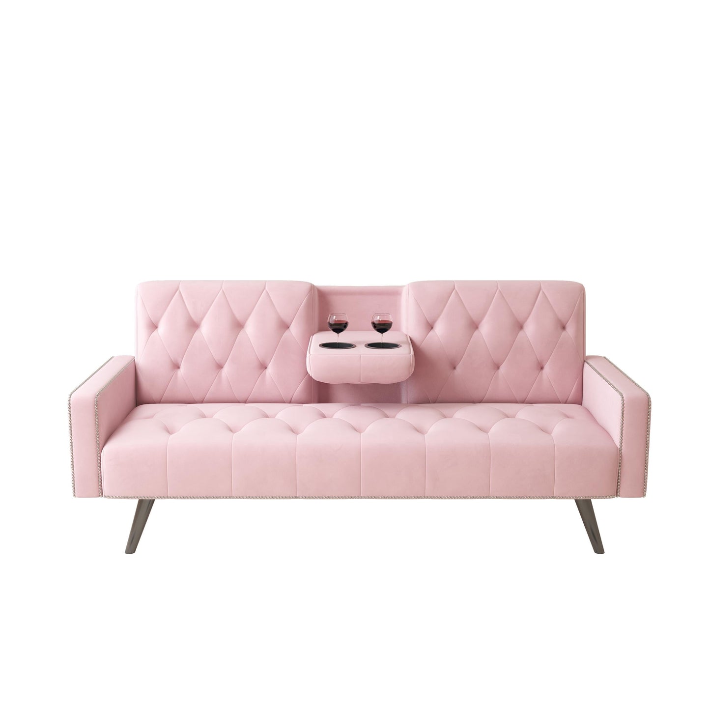 Pink Velvet 3-seater Sofa Bed with Nailhead and Cup Holders