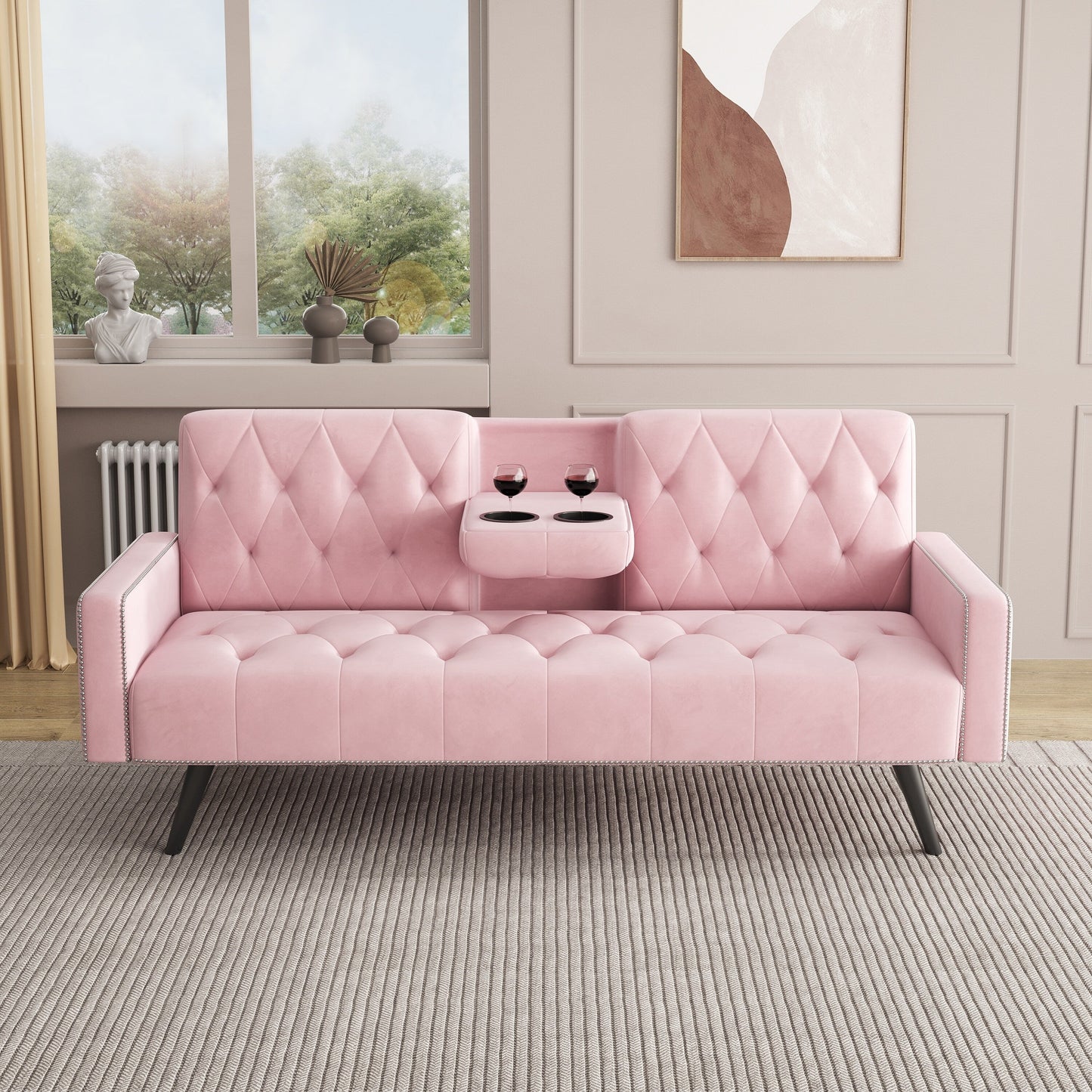 Pink Velvet 3-seater Sofa Bed with Nailhead and Cup Holders