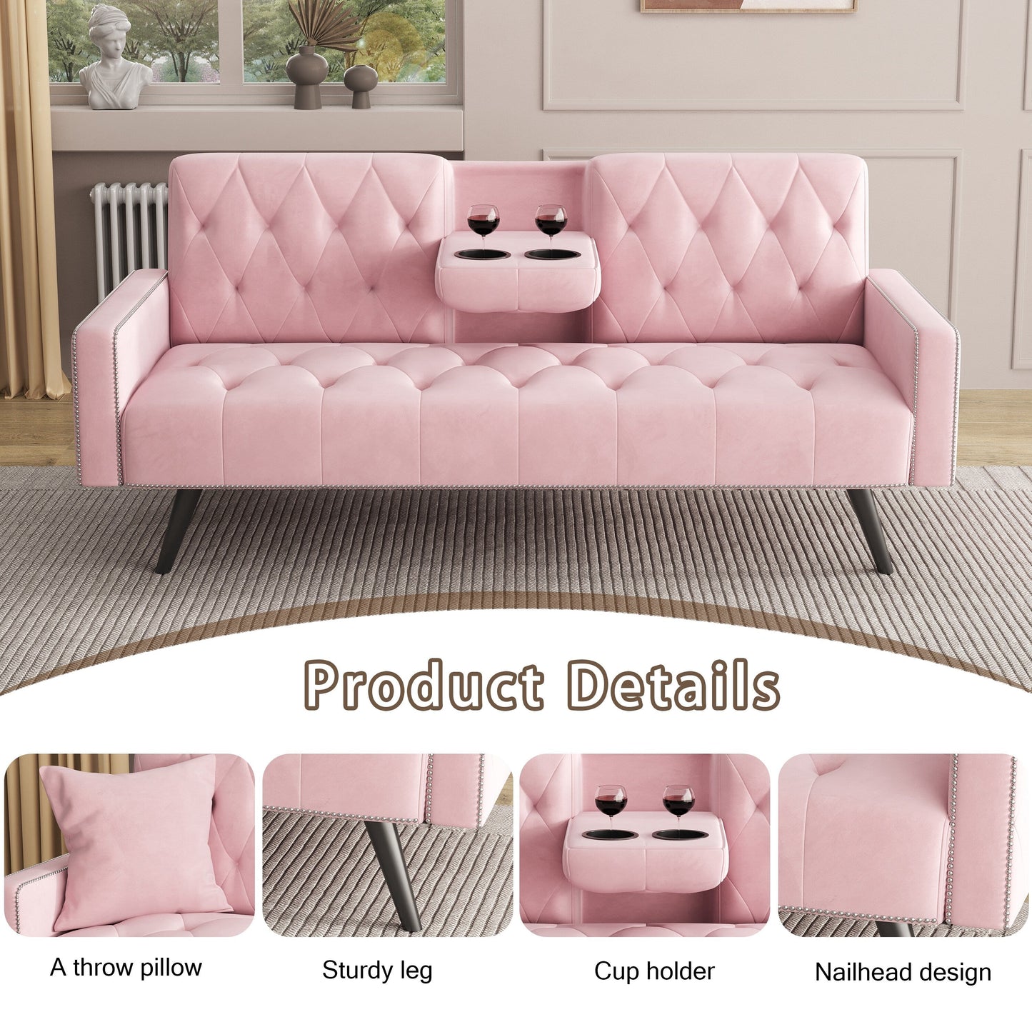Pink Velvet 3-seater Sofa Bed with Nailhead and Cup Holders