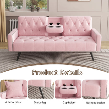 Pink Velvet 3-seater Sofa Bed with Nailhead and Cup Holders