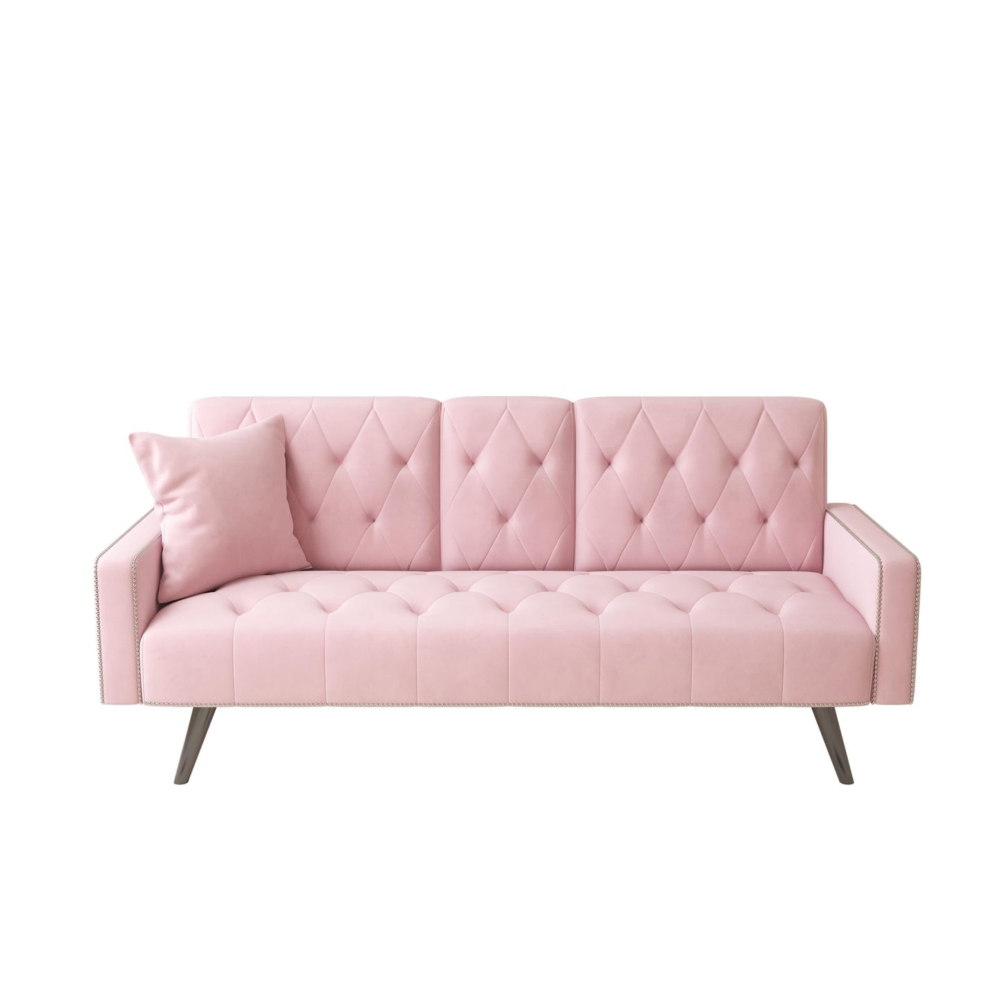 Pink Velvet 3-seater Sofa Bed with Nailhead and Cup Holders
