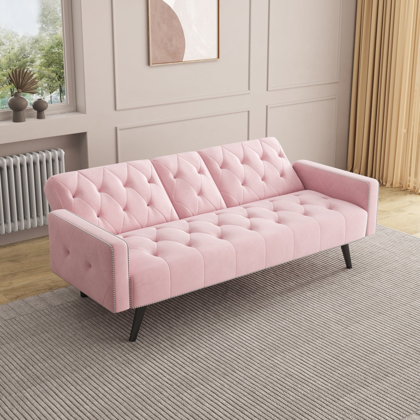 Pink Velvet 3-seater Sofa Bed with Nailhead and Cup Holders