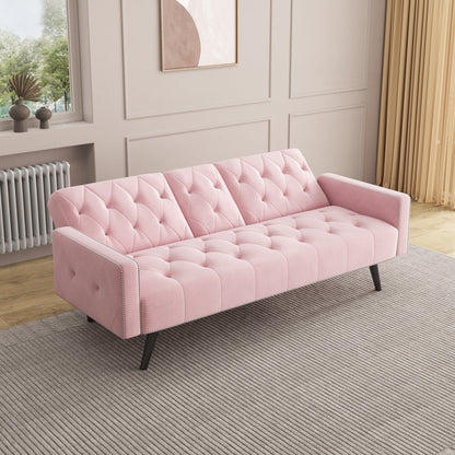 Pink Velvet 3-seater Sofa Bed with Nailhead and Cup Holders