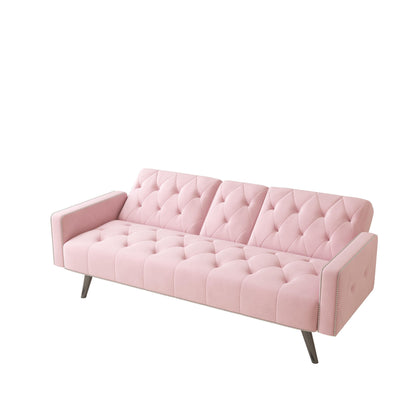 Pink Velvet 3-seater Sofa Bed with Nailhead and Cup Holders