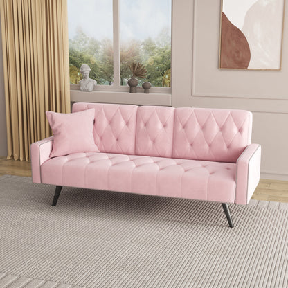 Pink Velvet 3-seater Sofa Bed with Nailhead and Cup Holders
