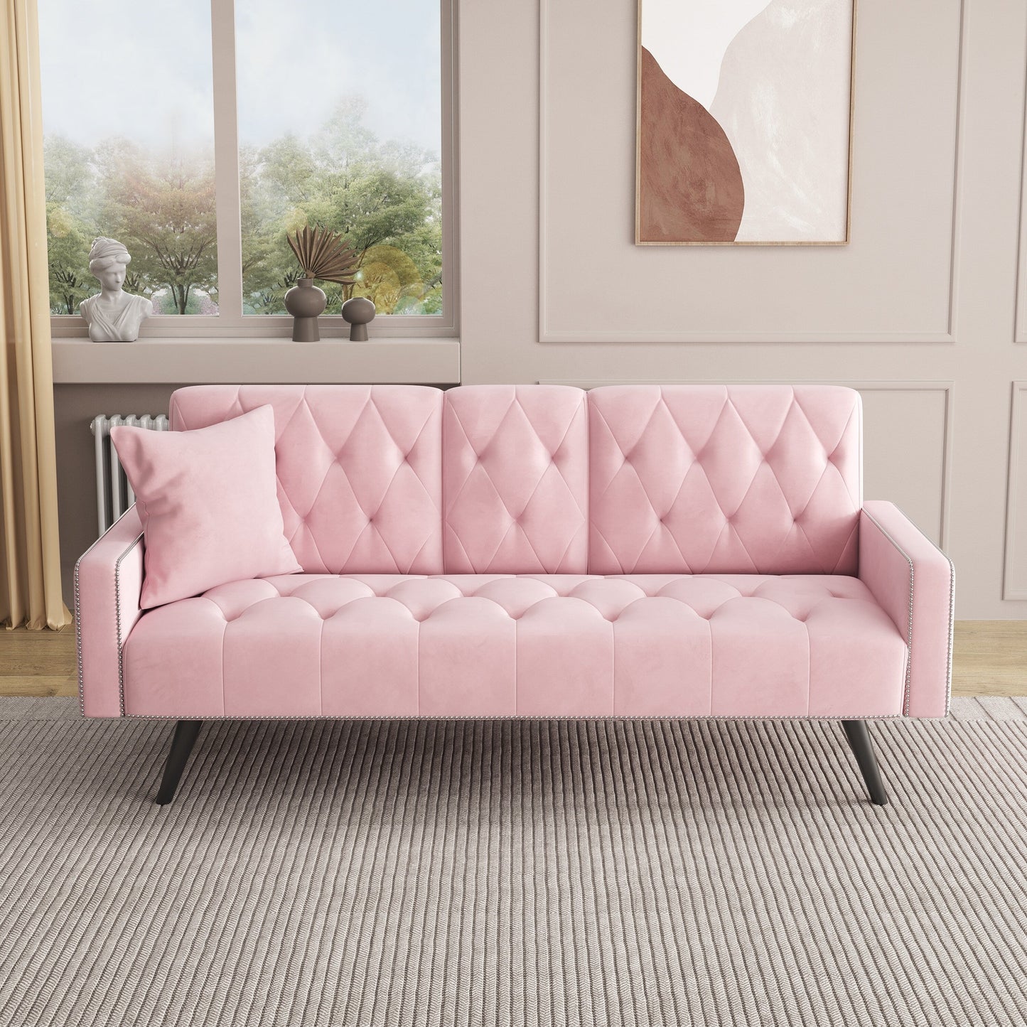 Pink Velvet 3-seater Sofa Bed with Nailhead and Cup Holders