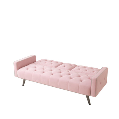 Pink Velvet 3-seater Sofa Bed with Nailhead and Cup Holders