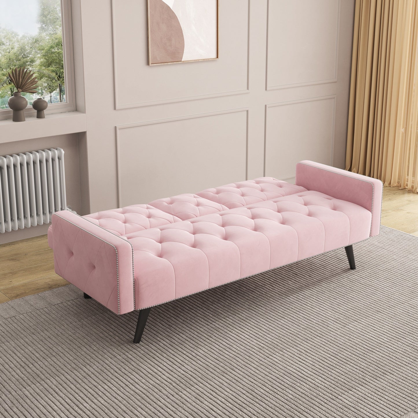 Pink Velvet 3-seater Sofa Bed with Nailhead and Cup Holders