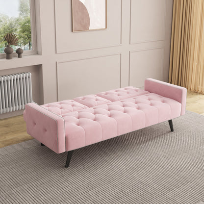 Pink Velvet 3-seater Sofa Bed with Nailhead and Cup Holders