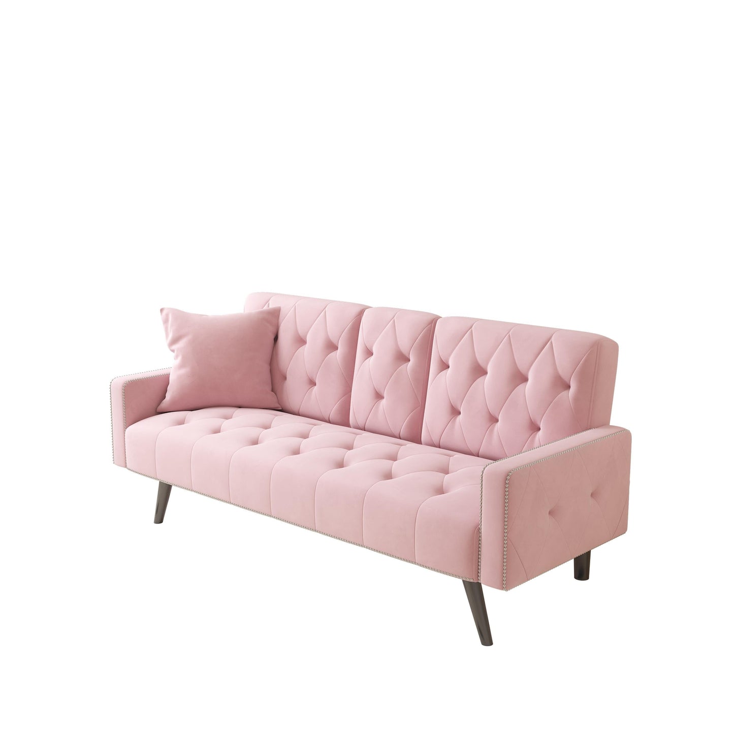 Pink Velvet 3-seater Sofa Bed with Nailhead and Cup Holders