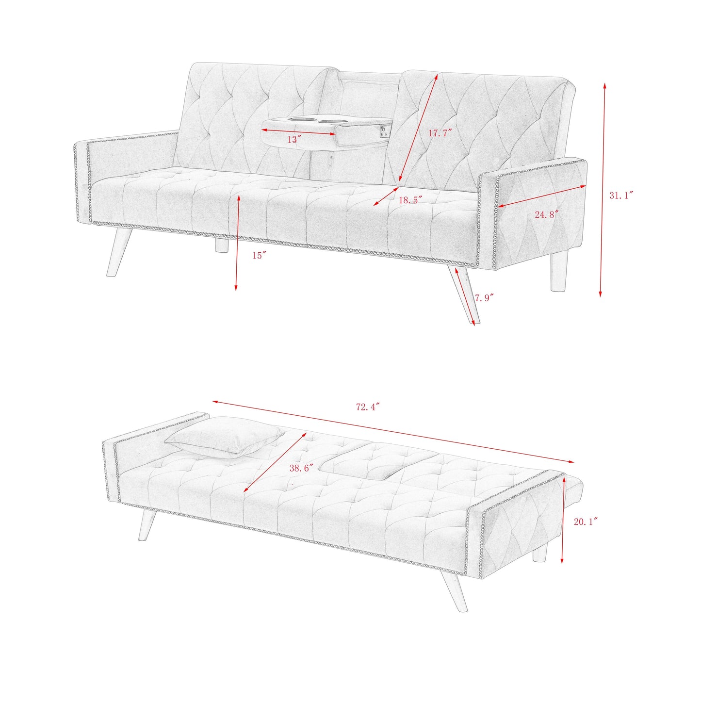 Pink Velvet 3-seater Sofa Bed with Nailhead and Cup Holders