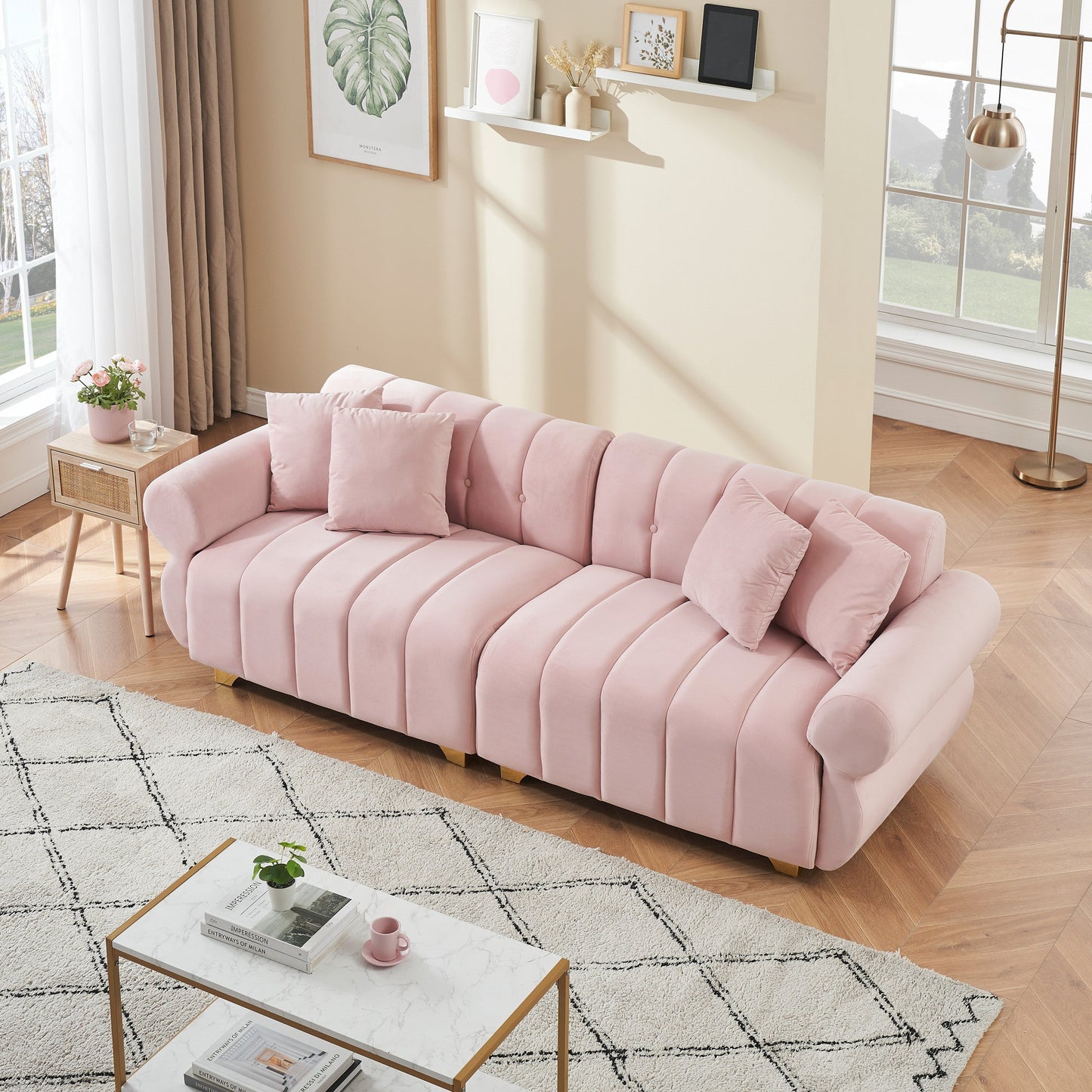 Pink Velvet 3-seater Sofa with Spring-Wrapped Cushions