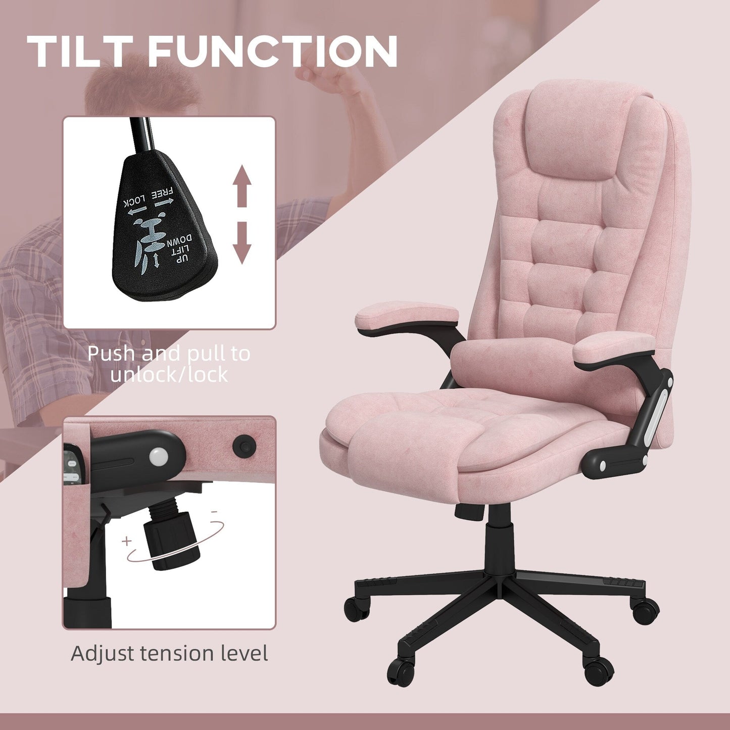 Pink Velvet 360Â° Swivel High Back Office Recliner with Vibration Massage, Lumbar Heating, Adjustable Height