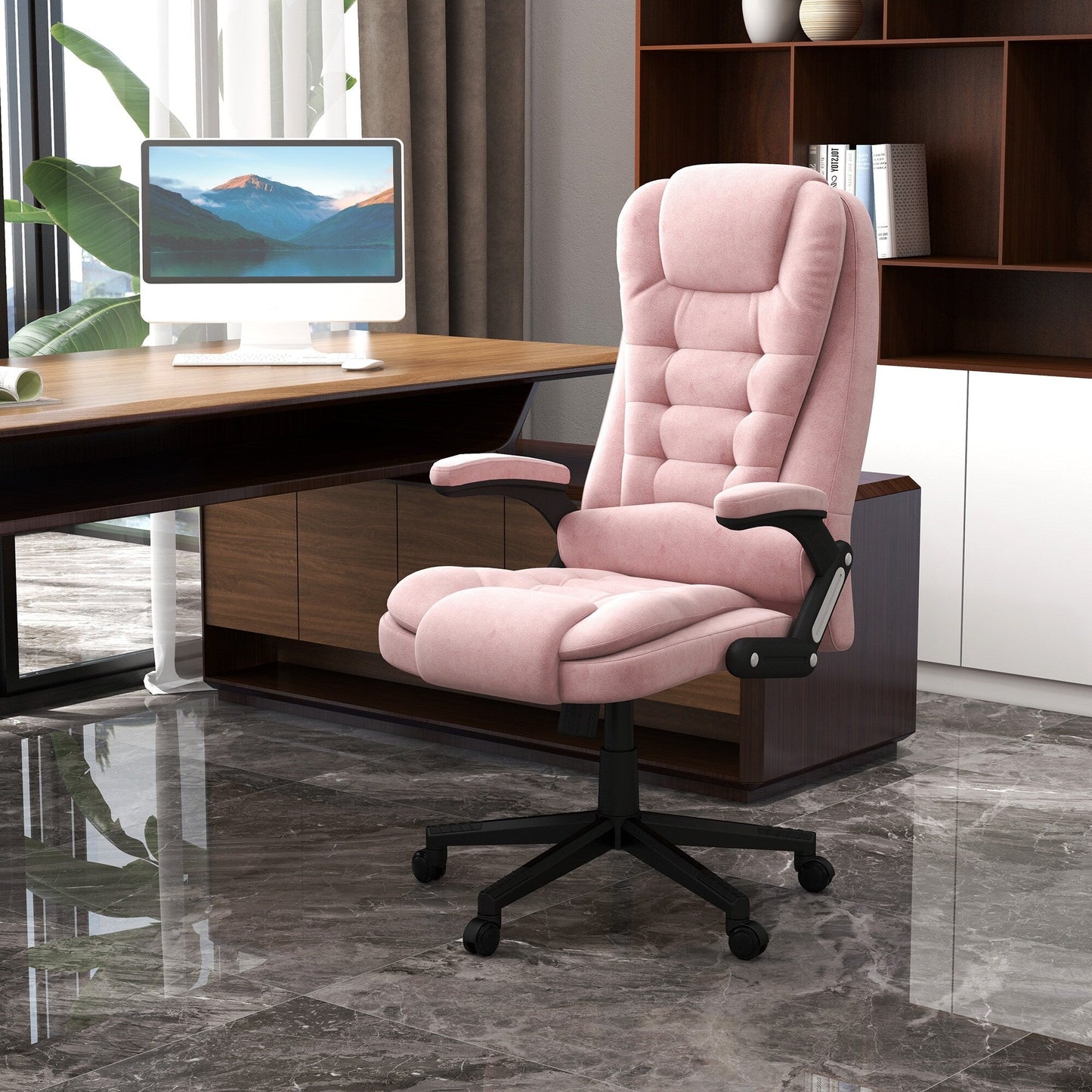 Pink Velvet 360Â° Swivel High Back Office Recliner with Vibration Massage, Lumbar Heating, Adjustable Height