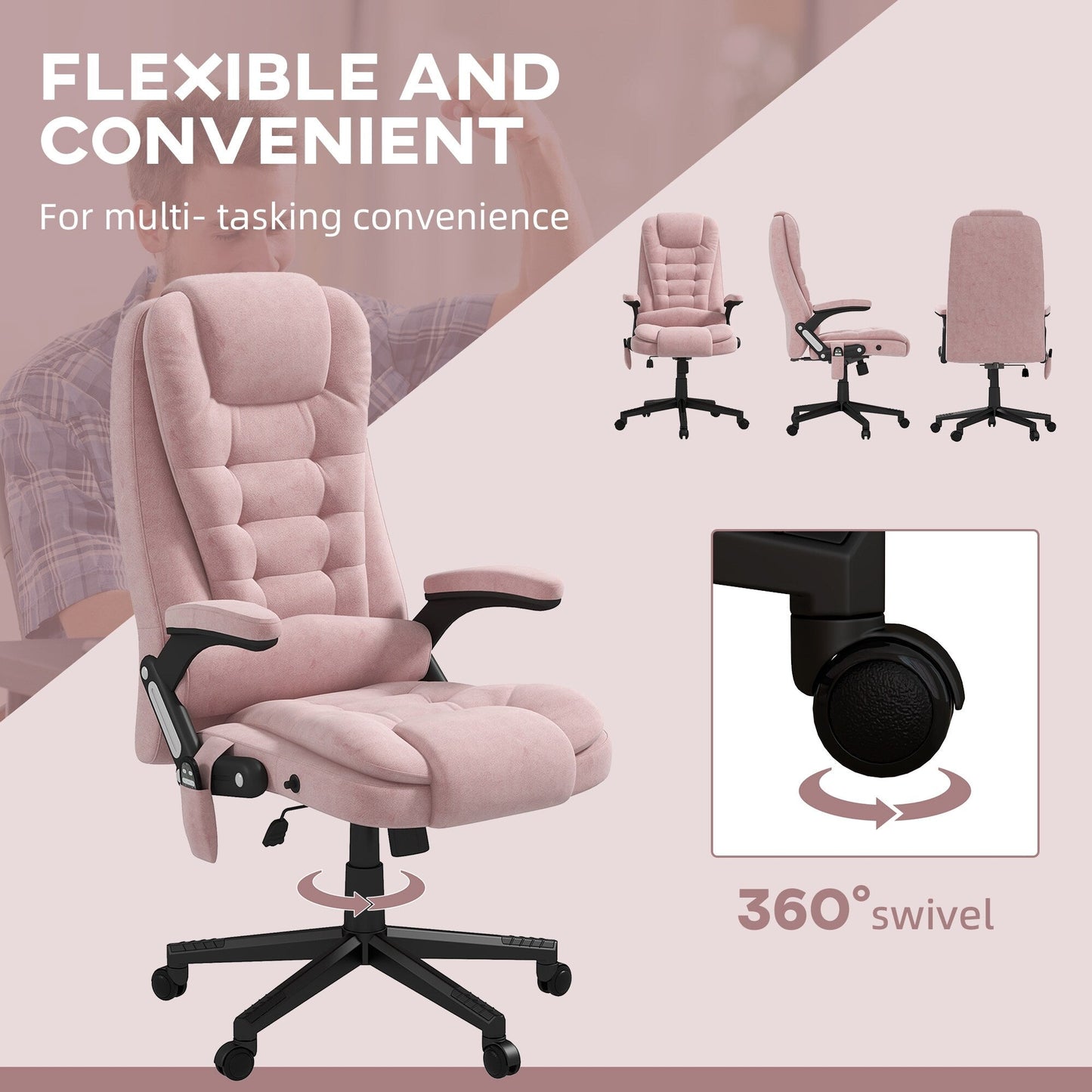 Pink Velvet 360Â° Swivel High Back Office Recliner with Vibration Massage, Lumbar Heating, Adjustable Height