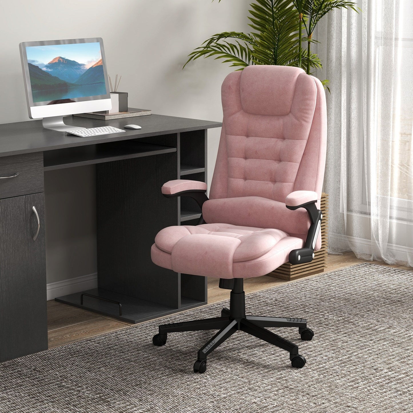 Pink Velvet 360Â° Swivel High Back Office Recliner with Vibration Massage, Lumbar Heating, Adjustable Height