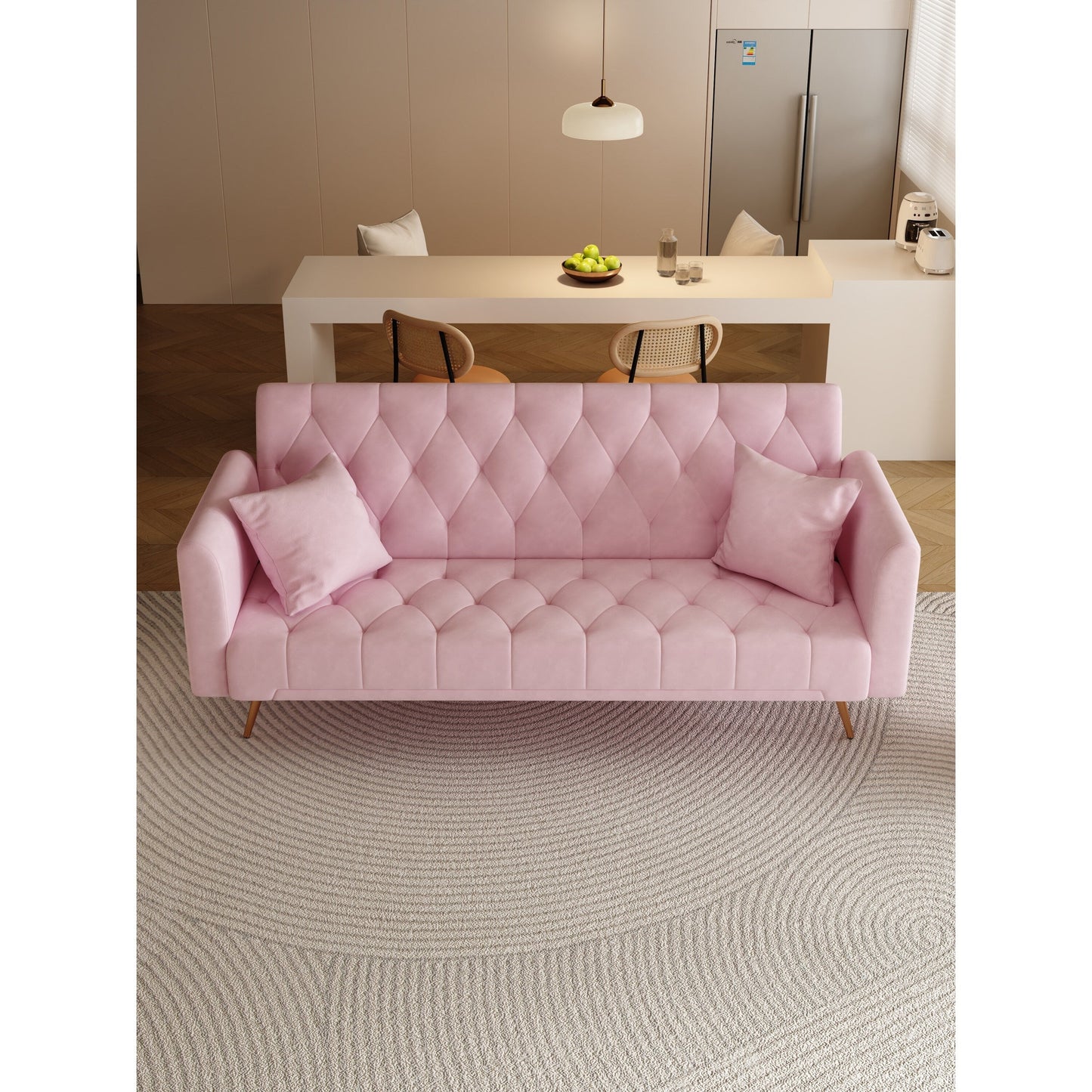 Pink Velvet Convertible 3-seater Sofa Bed with Throw Pillows