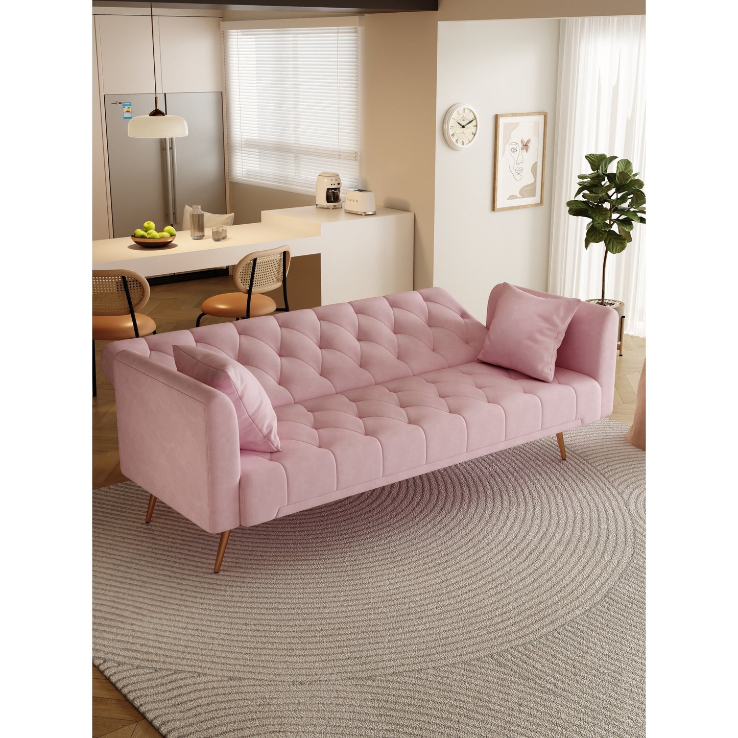 Pink Velvet Convertible 3-seater Sofa Bed with Throw Pillows