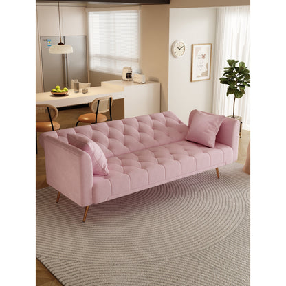 Pink Velvet Convertible 3-seater Sofa Bed with Throw Pillows