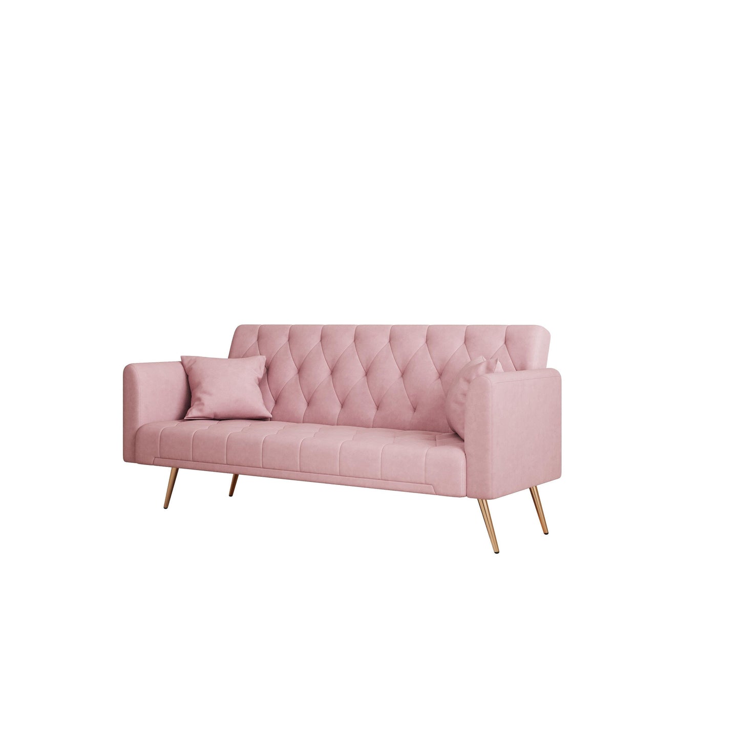Pink Velvet Convertible 3-seater Sofa Bed with Throw Pillows