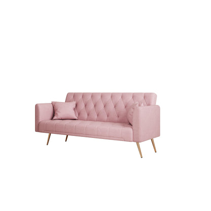 Pink Velvet Convertible 3-seater Sofa Bed with Throw Pillows