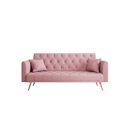 Pink Velvet Convertible 3-seater Sofa Bed with Throw Pillows