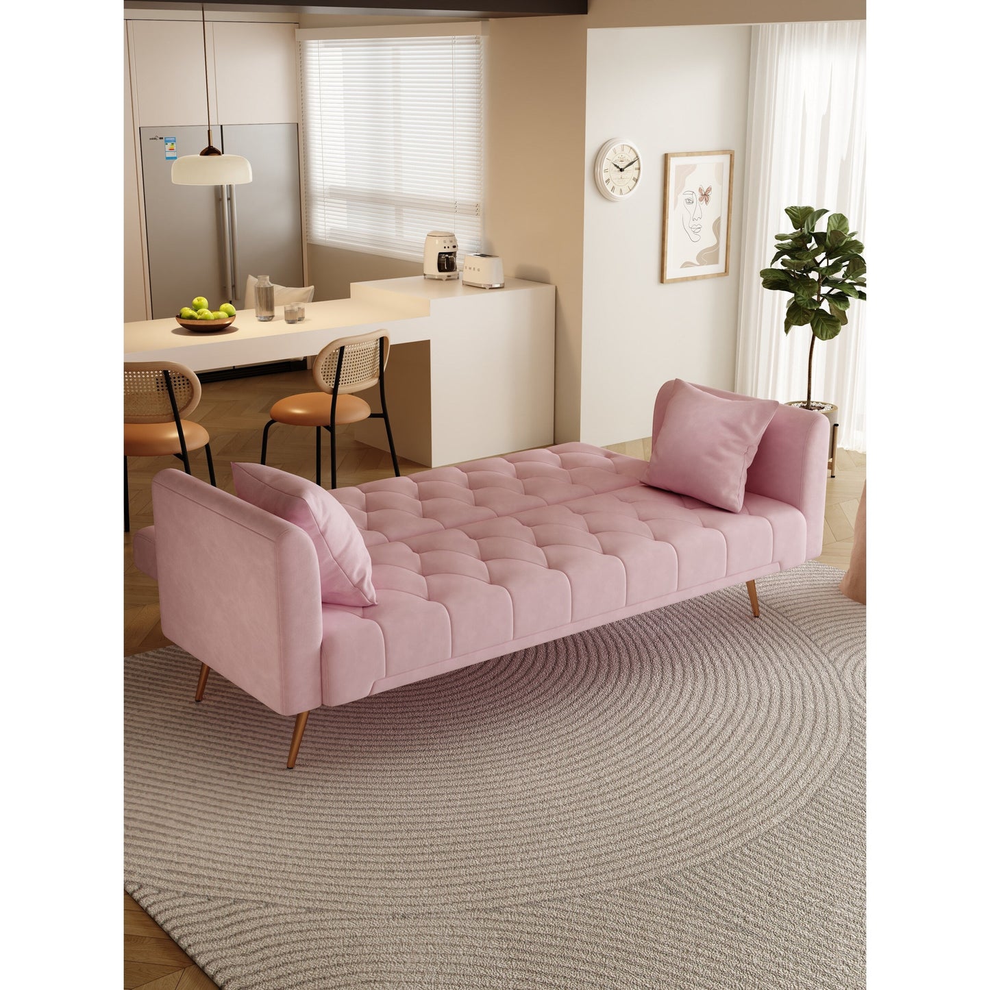 Pink Velvet Convertible 3-seater Sofa Bed with Throw Pillows