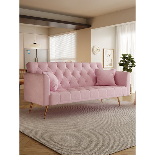 Pink Velvet Convertible 3-seater Sofa Bed with Throw Pillows