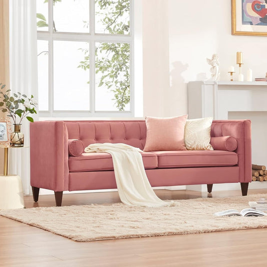 Pink Velvet Loveseat Button Tufted Sofa with Bolster Pillows
