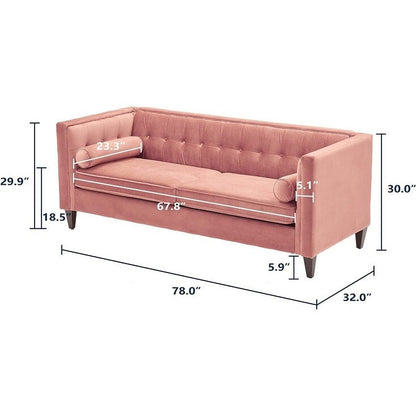 Pink Velvet Loveseat Button Tufted Sofa with Bolster Pillows
