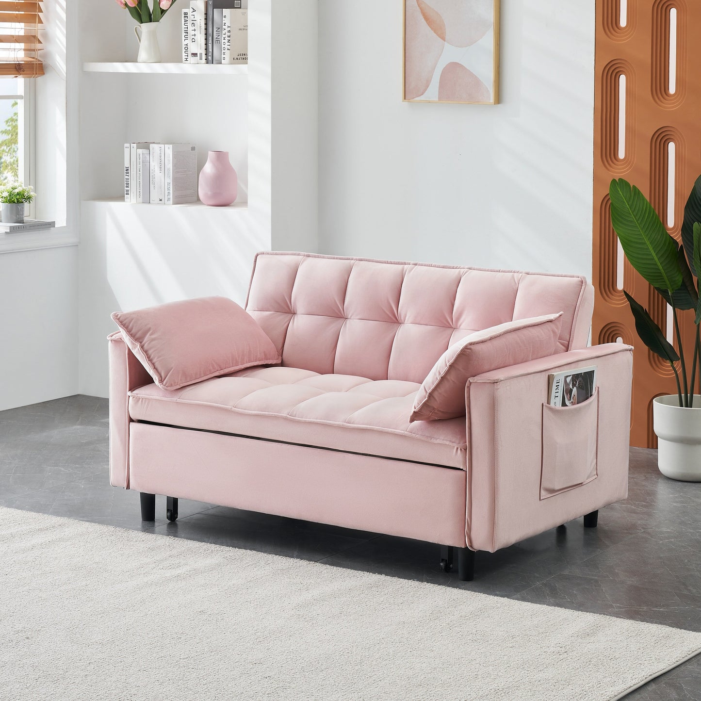 Pink Velvet Loveseat Convertible Sofa Bed with Backrest and Pillows