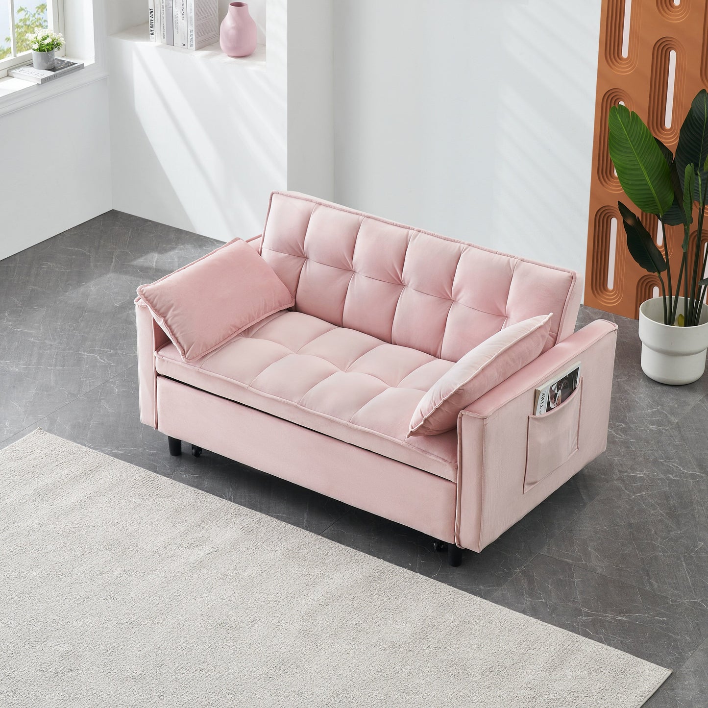 Pink Velvet Loveseat Convertible Sofa Bed with Backrest and Pillows