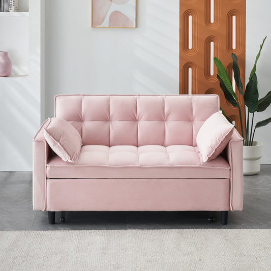 Pink Velvet Loveseat Convertible Sofa Bed with Backrest and Pillows