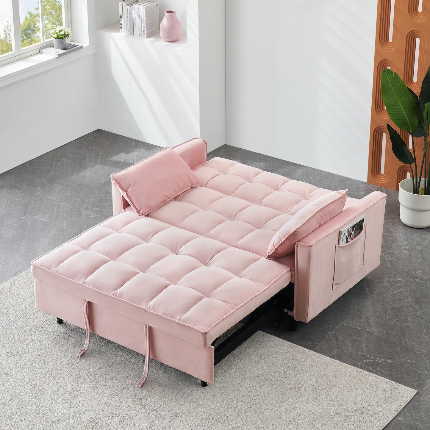 Pink Velvet Loveseat Convertible Sofa Bed with Backrest and Pillows